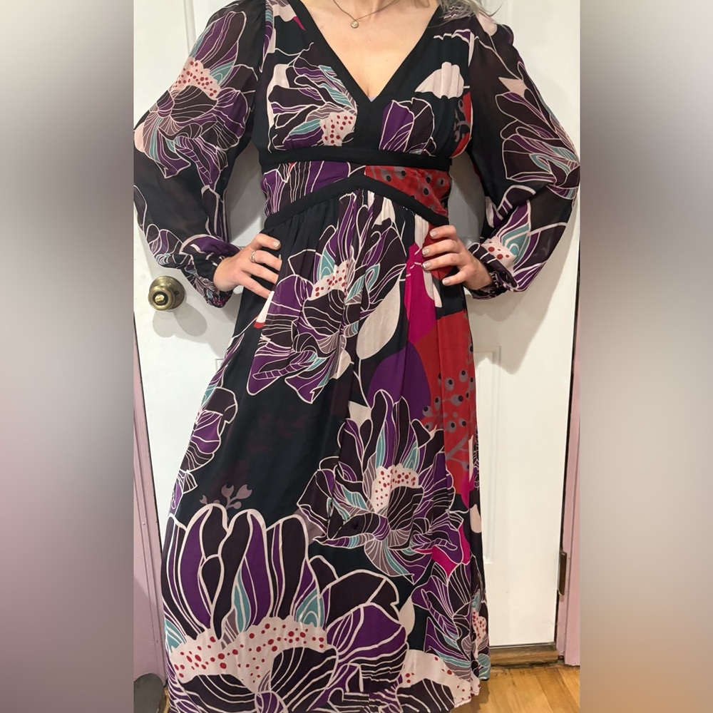 Anthropologie Dress with long bell sheer sleeves, corset fitted bust, open back